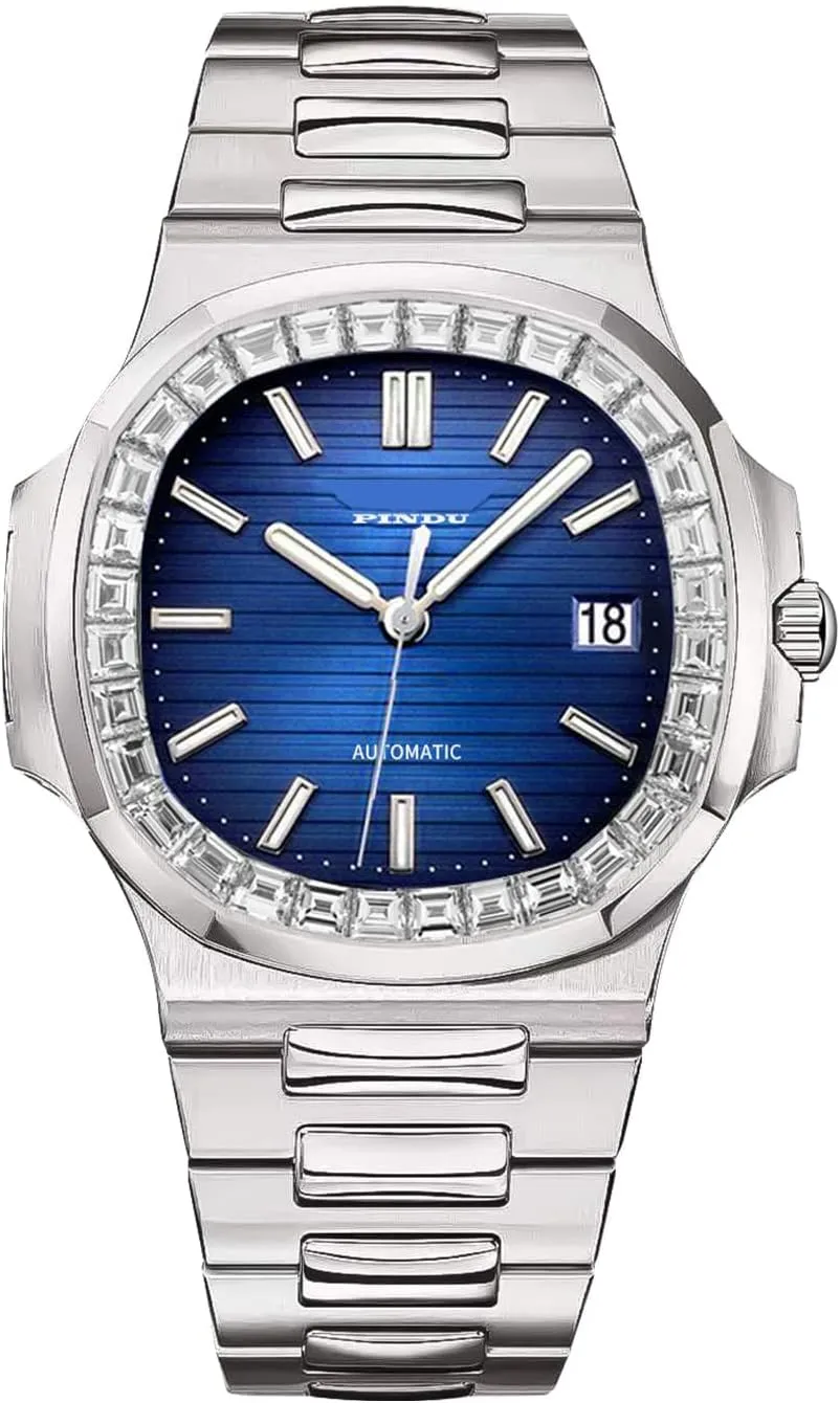 PINDU Automatic Watches for Men, Square Diamond Watch Stainless Steel Strap Skeleton Self-Winding Mechanical Watch Wrist Watch Gift for Men