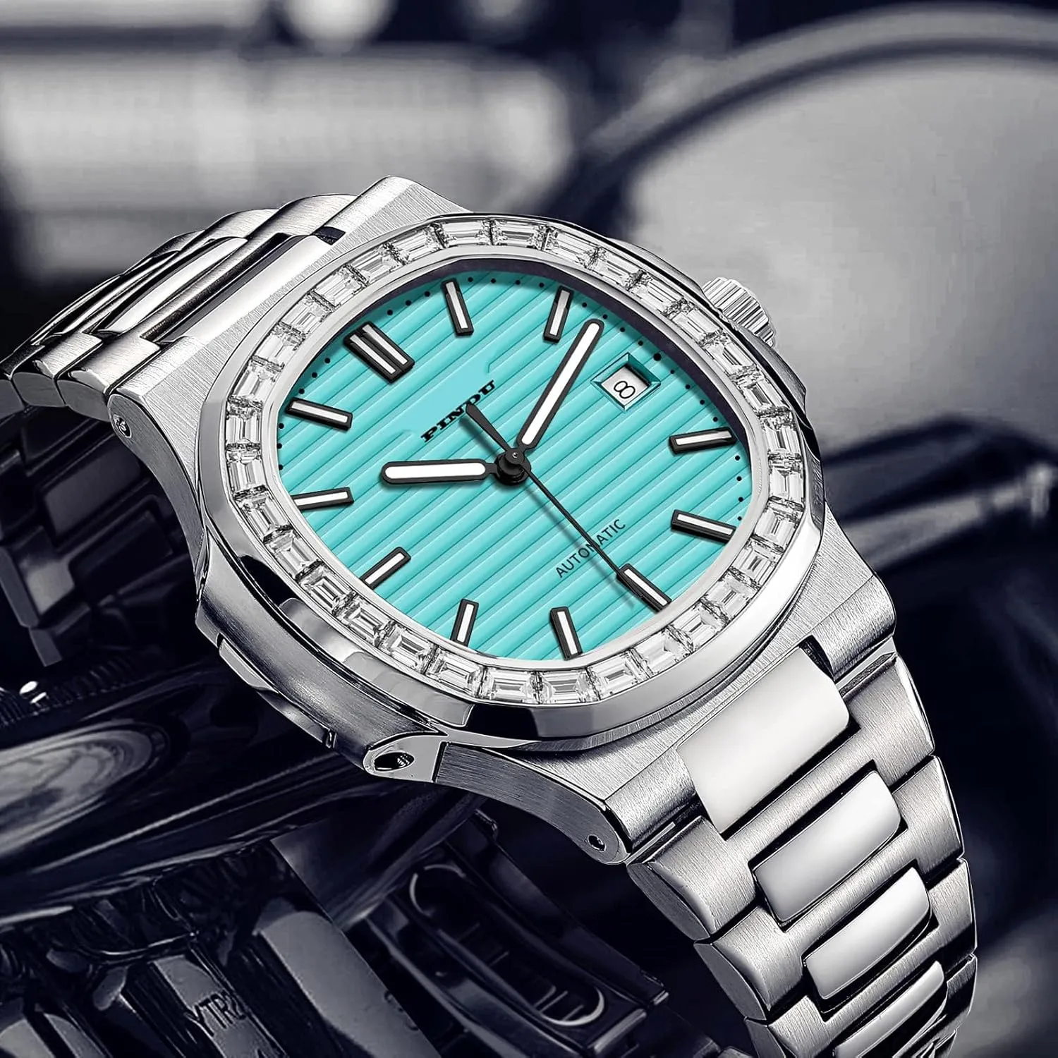 PINDU Automatic Watches for Men, Square Diamond Watch Stainless Steel Strap Skeleton Self-Winding Mechanical Watch Wrist Watch Gift for Men