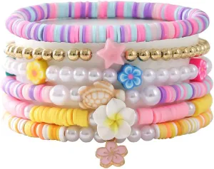 Pingyongchang Bohemian Turtles Heishi Beaded Stretch Bracelets For Women Polymer Clay Colorful Flower Vinyl Disc Surfer Layering Stackable Beads Preppy Bracelet Friendship Summer Beach Jewelry Set