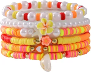 Pingyongchang Bohemian Turtles Heishi Beaded Stretch Bracelets For Women Polymer Clay Colorful Flower Vinyl Disc Surfer Layering Stackable Beads Preppy Bracelet Friendship Summer Beach Jewelry Set