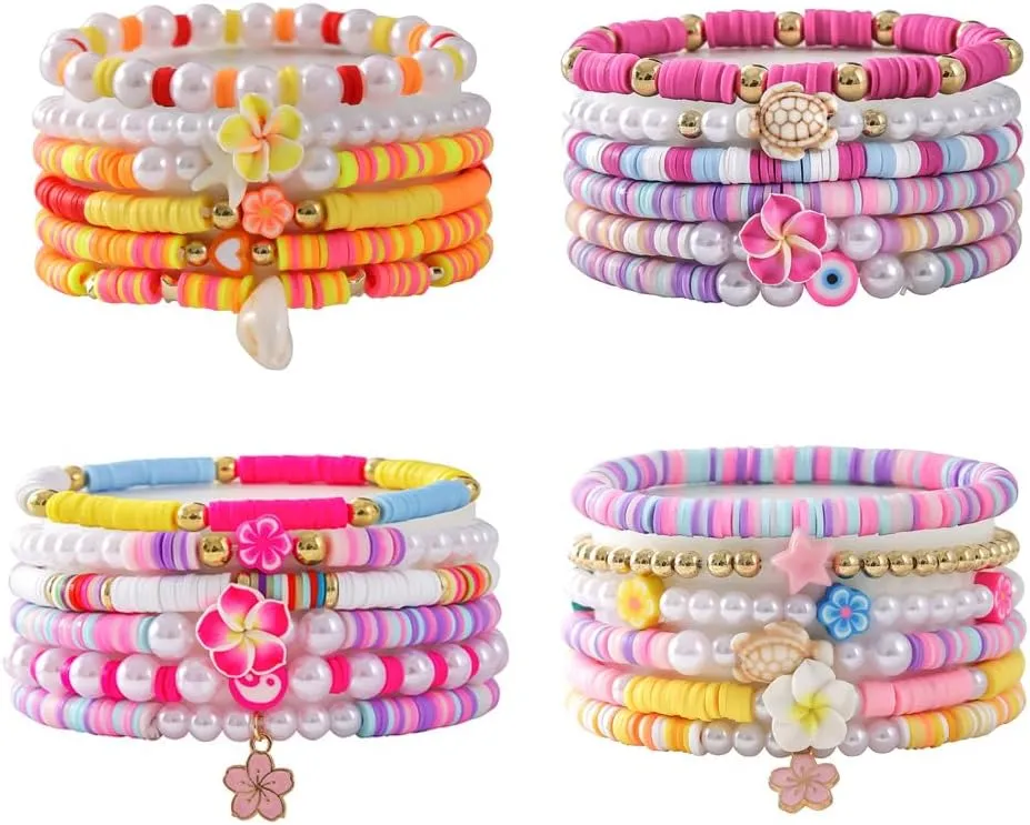 Pingyongchang Bohemian Turtles Heishi Beaded Stretch Bracelets For Women Polymer Clay Colorful Flower Vinyl Disc Surfer Layering Stackable Beads Preppy Bracelet Friendship Summer Beach Jewelry Set