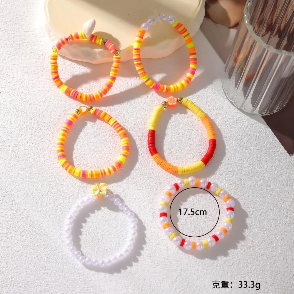 Pingyongchang Bohemian Turtles Heishi Beaded Stretch Bracelets For Women Polymer Clay Colorful Flower Vinyl Disc Surfer Layering Stackable Beads Preppy Bracelet Friendship Summer Beach Jewelry Set