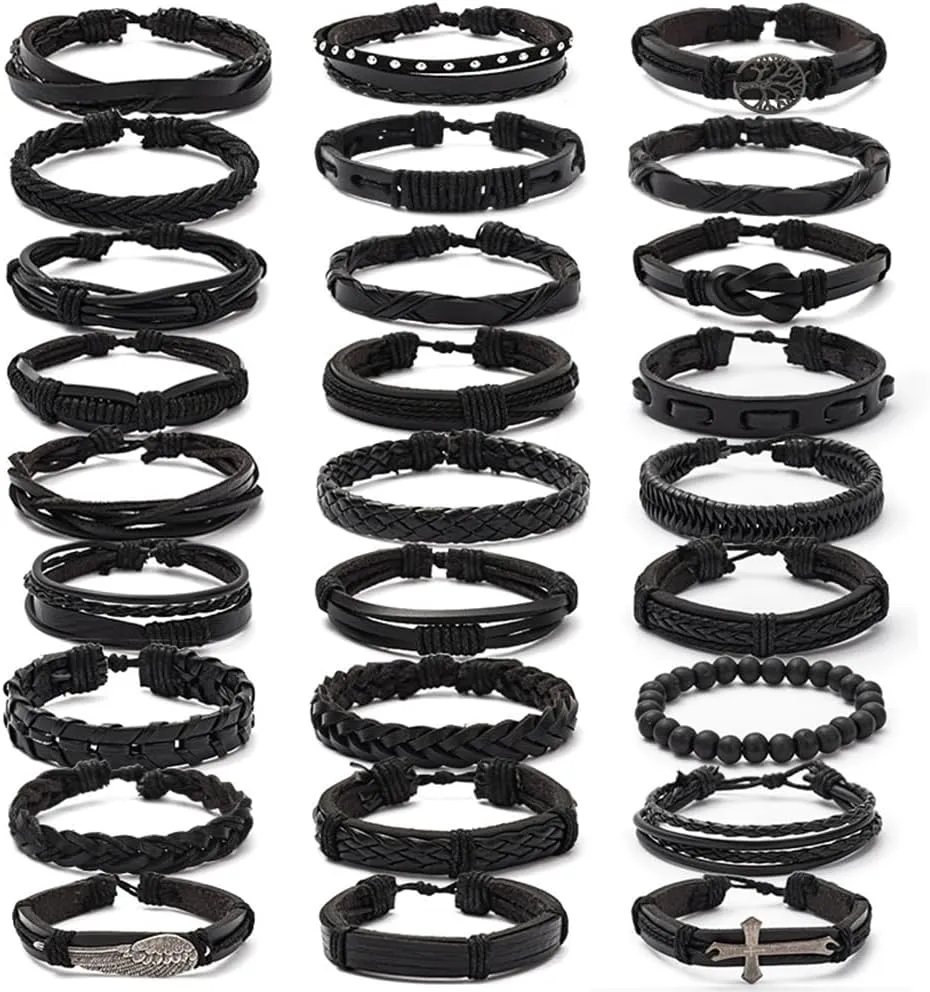 PINKPIN 27Pcs Adjustable Braided Leather Bracelets for Men Women Cross Wing Tree of Life Wrap Bracelet Cords Ethnic Tribal Handmade Wrap Wristband Bracelets Set Black
