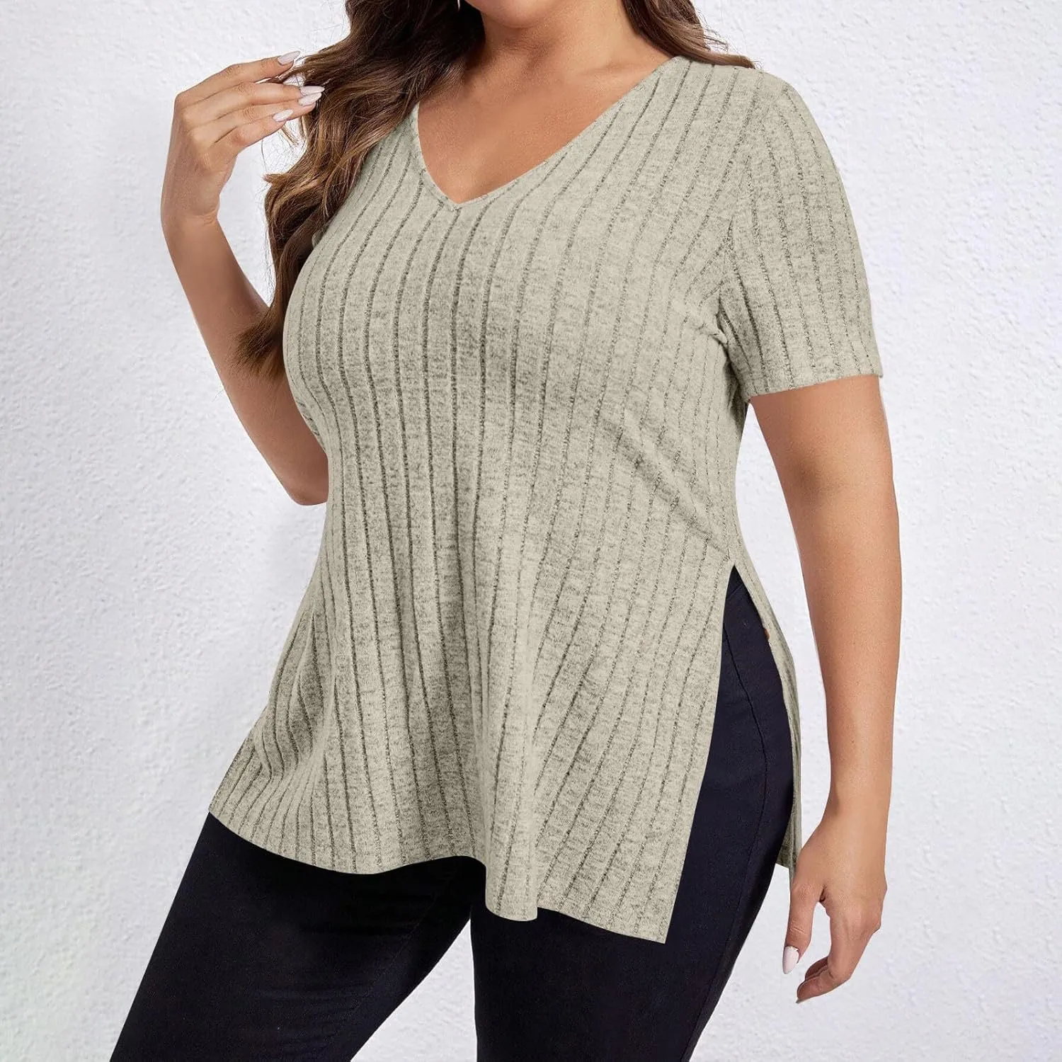 Plus Size Tee Shirt for Women Ribbed Knit V Neck Short Sleeve Side Split Blouse Summer Casual Loose Tee Shirts