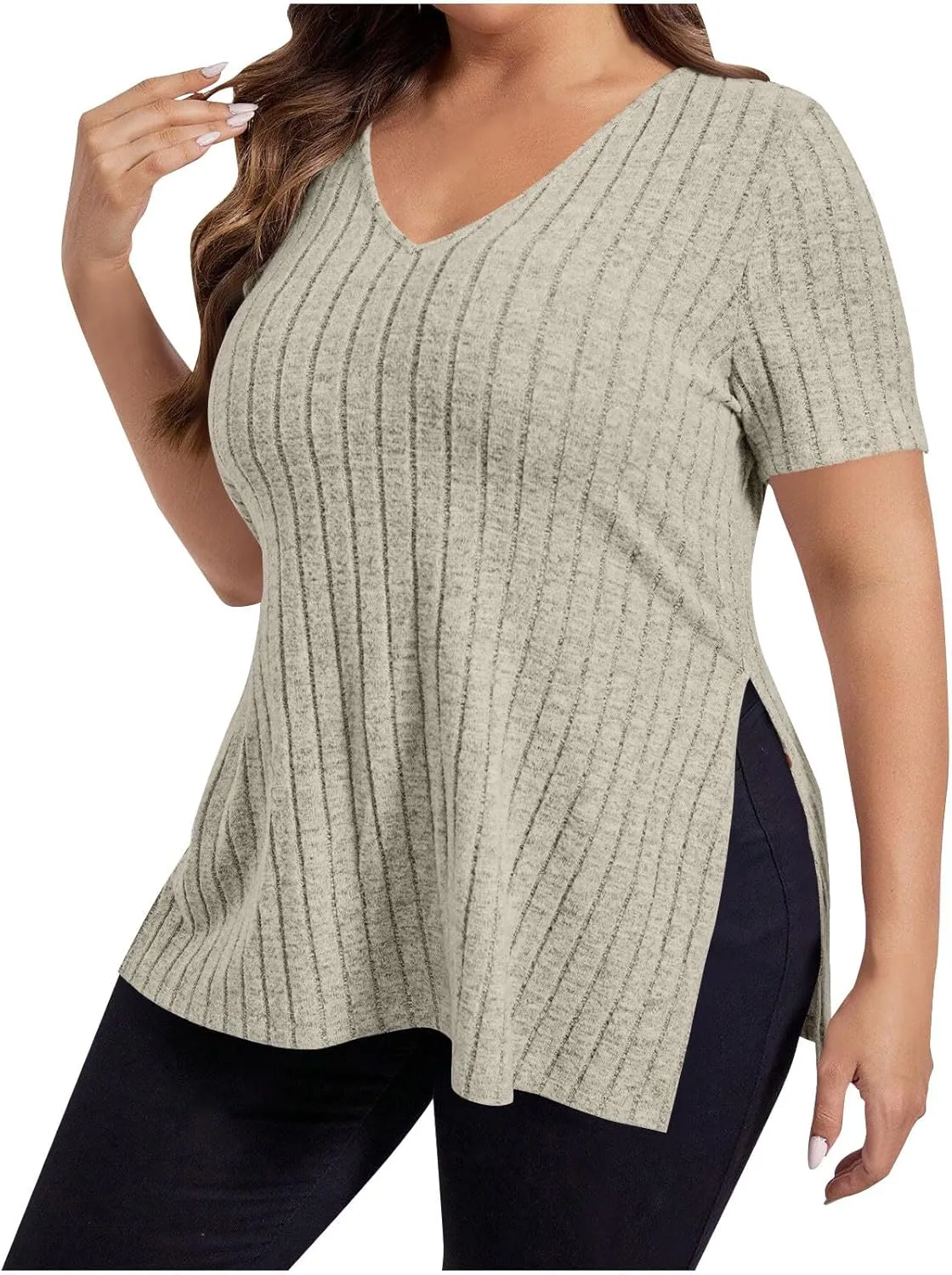 Plus Size Tee Shirt for Women Ribbed Knit V Neck Short Sleeve Side Split Blouse Summer Casual Loose Tee Shirts