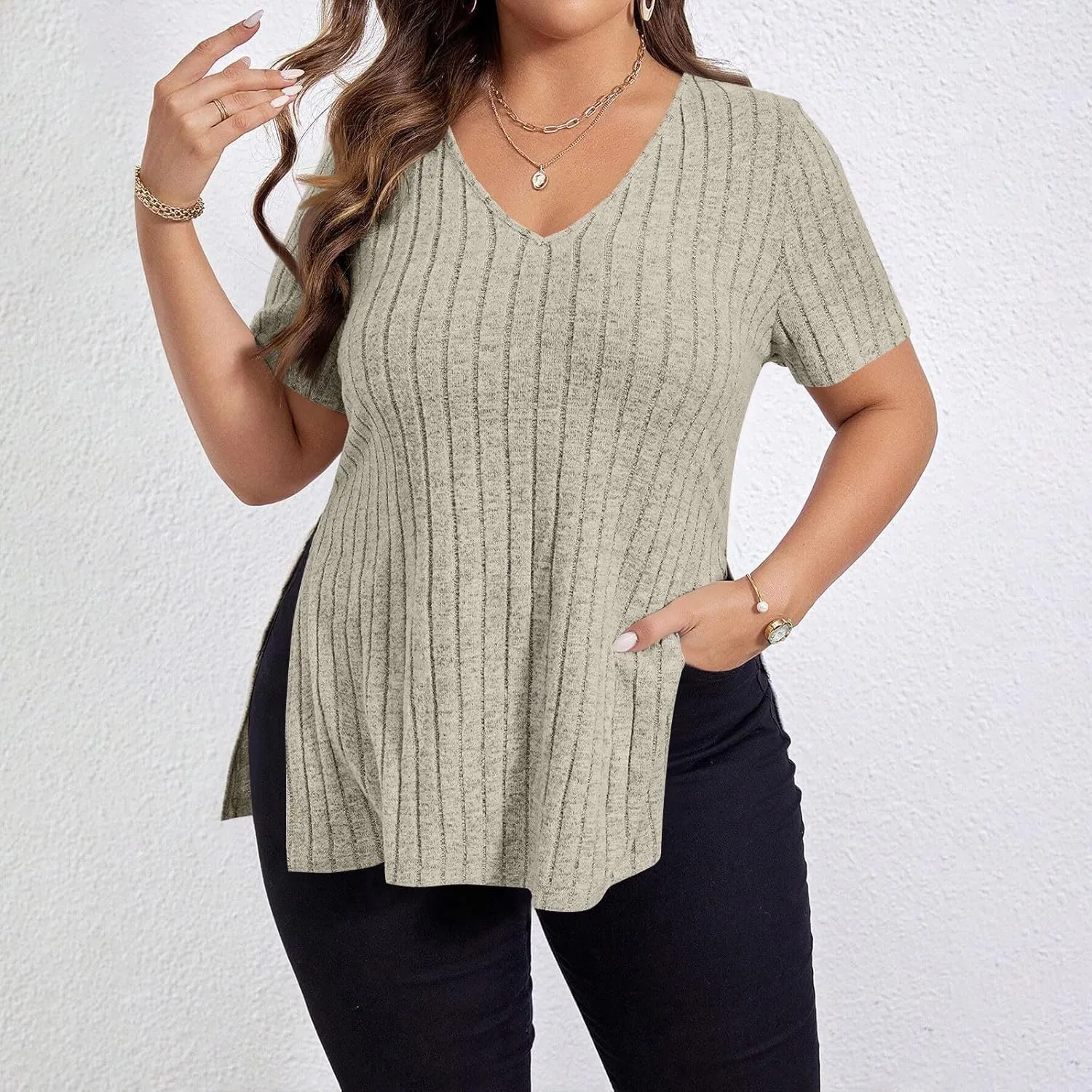Plus Size Tee Shirt for Women Ribbed Knit V Neck Short Sleeve Side Split Blouse Summer Casual Loose Tee Shirts