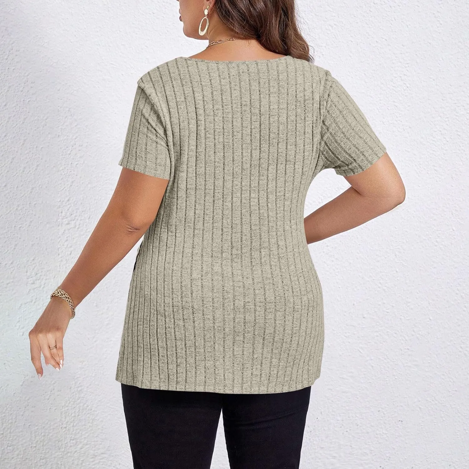 Plus Size Tee Shirt for Women Ribbed Knit V Neck Short Sleeve Side Split Blouse Summer Casual Loose Tee Shirts