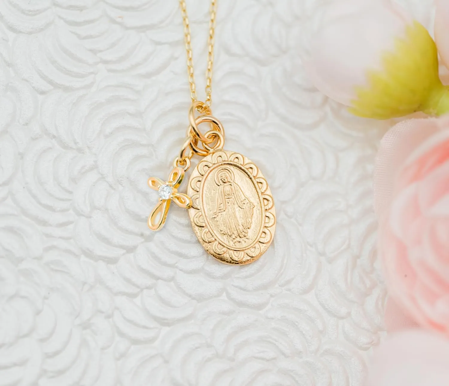 Precious Pieces Girl's Sterling Silver Miraculous Necklace or Miraculous Cluster Necklace with Cultured Pearl and Cross