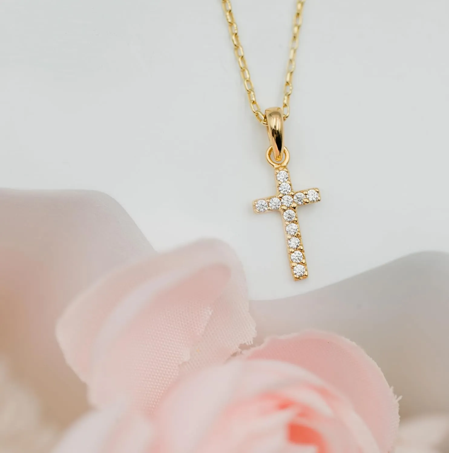 Precious Pieces Girl's Sterling Silver or 14K Gold-Plated CZ Cross Necklace for Baptism, First Communion, or Confirmation Gift