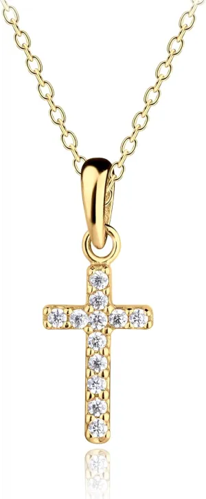 Precious Pieces Girl's Sterling Silver or 14K Gold-Plated CZ Cross Necklace for Baptism, First Communion, or Confirmation Gift