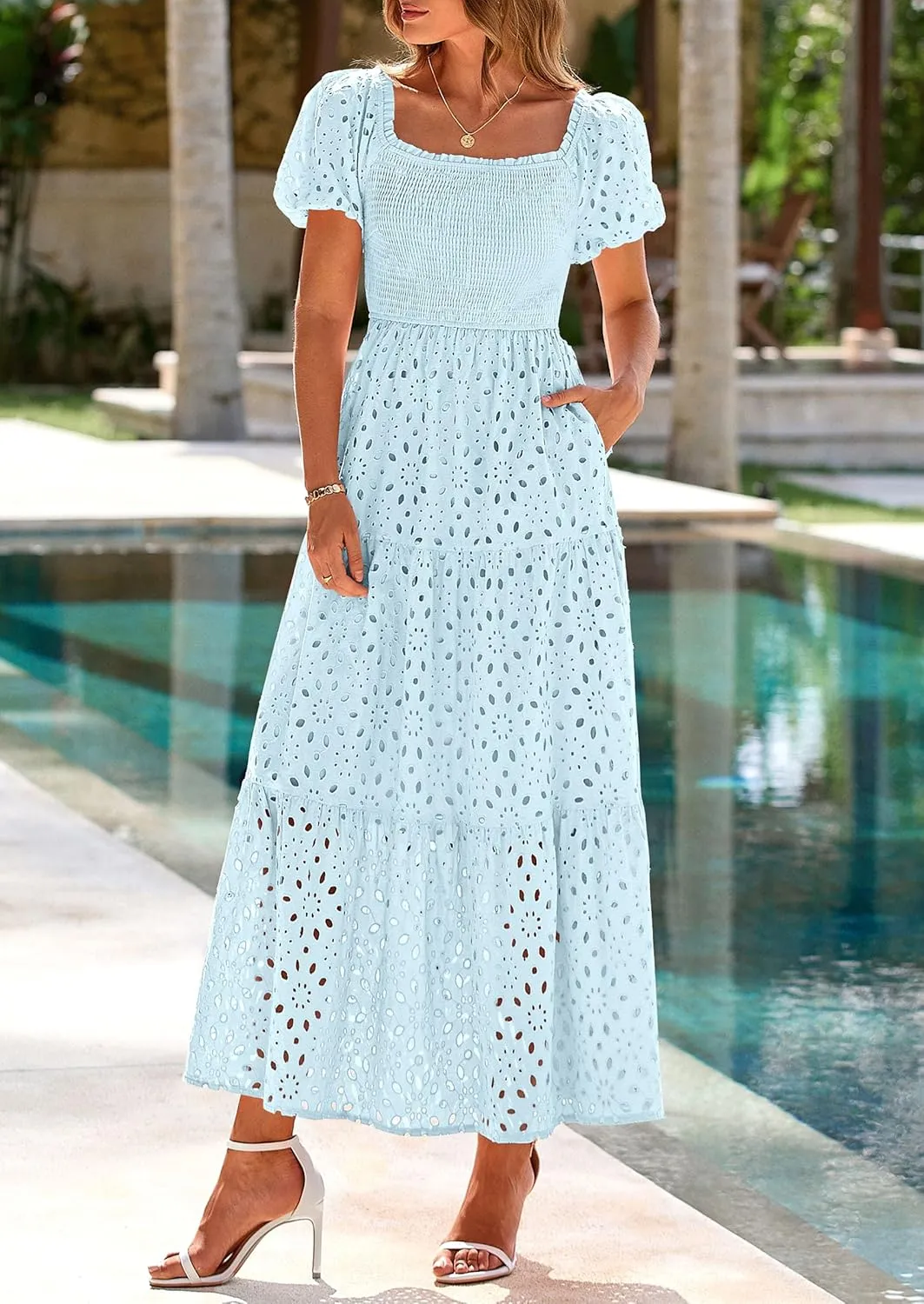 PRETTYGARDEN Summer Dresses for Women 2025 Eyelet Square Neck Puff Sleeve Smocked Wedding Guest Maxi Dress with Pockets