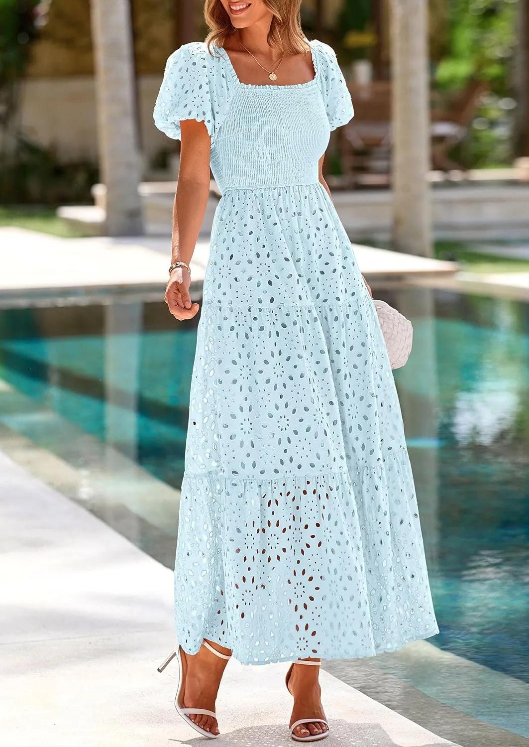 PRETTYGARDEN Summer Dresses for Women 2025 Eyelet Square Neck Puff Sleeve Smocked Wedding Guest Maxi Dress with Pockets