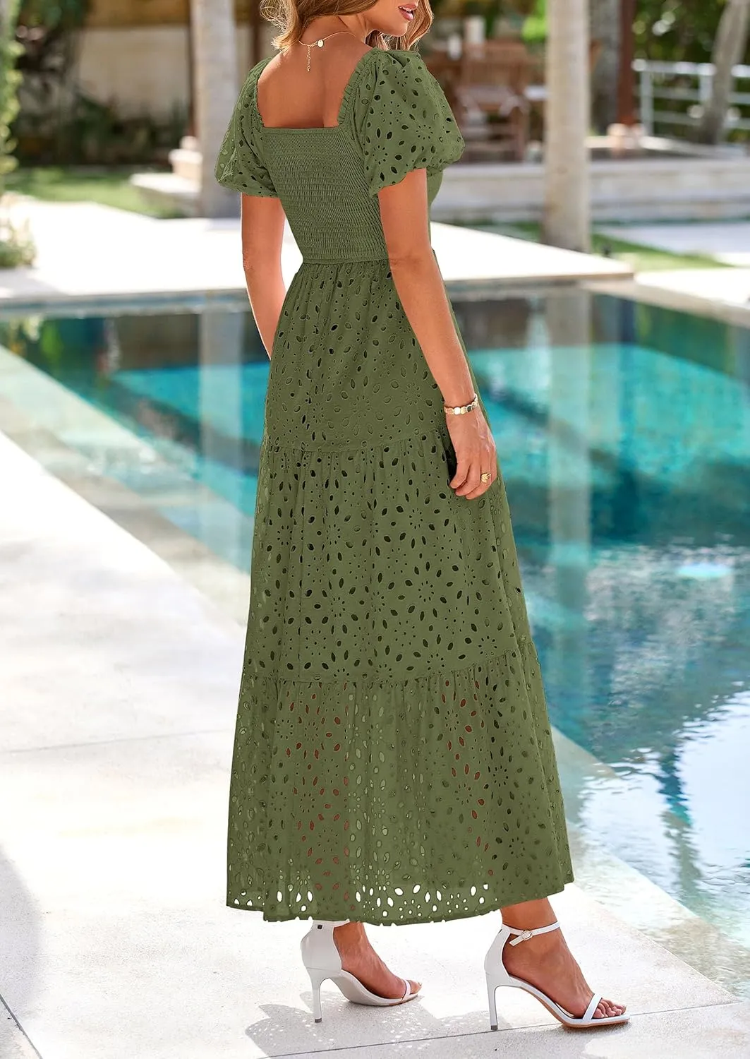 PRETTYGARDEN Summer Dresses for Women 2025 Eyelet Square Neck Puff Sleeve Smocked Wedding Guest Maxi Dress with Pockets