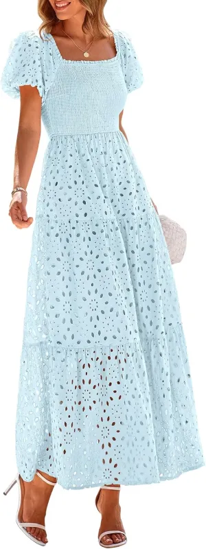 PRETTYGARDEN Summer Dresses for Women 2025 Eyelet Square Neck Puff Sleeve Smocked Wedding Guest Maxi Dress with Pockets