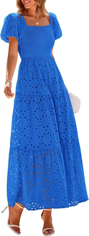 PRETTYGARDEN Summer Dresses for Women 2025 Eyelet Square Neck Puff Sleeve Smocked Wedding Guest Maxi Dress with Pockets