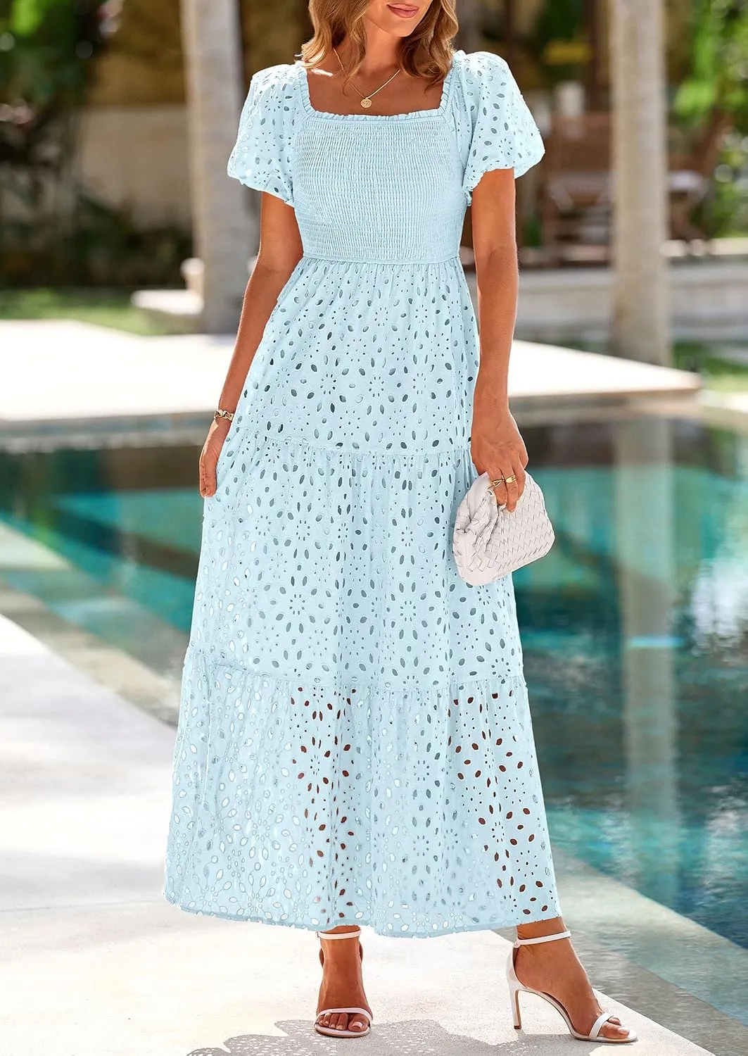 PRETTYGARDEN Summer Dresses for Women 2025 Eyelet Square Neck Puff Sleeve Smocked Wedding Guest Maxi Dress with Pockets