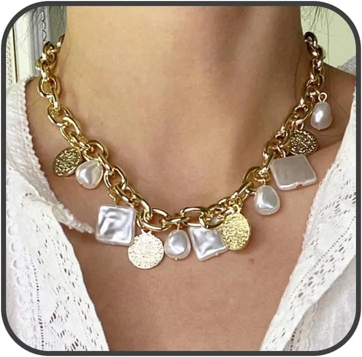 Punk Cuban Link Chain Choker Necklace for Women Gold Paperclip Irregular Pearl Chunky Chain Tassel Carved Coin Pendant Collar Necklace Dainty Boho Chain Necklace