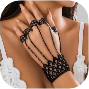 Punk Finger Bracelets with Ring,Exaggerated Finger Wrist Chains Gothic Halloween Body Accessory Jewelry for Women