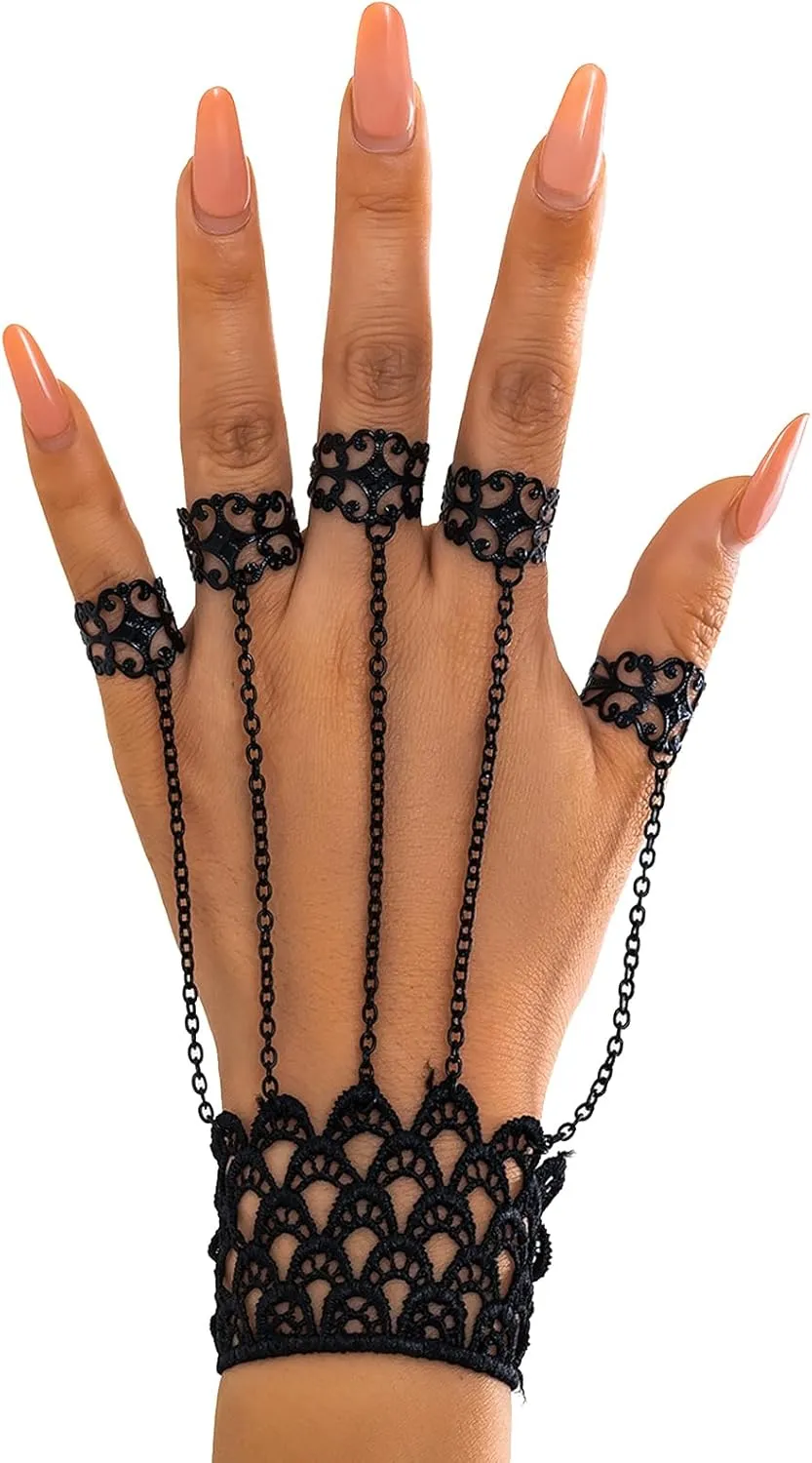 Punk Finger Bracelets with Ring,Exaggerated Finger Wrist Chains Gothic Halloween Body Accessory Jewelry for Women