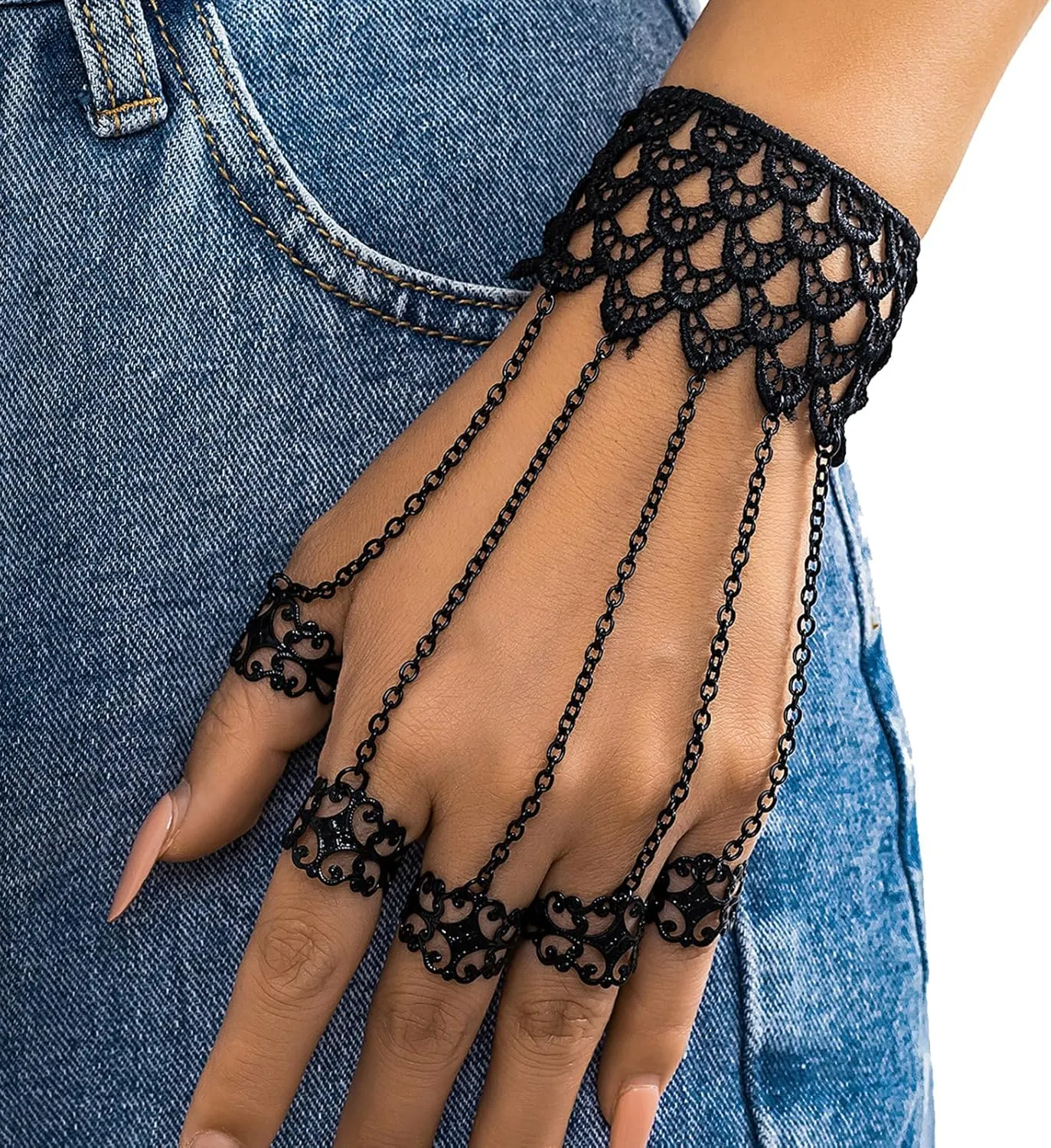 Punk Finger Bracelets with Ring,Exaggerated Finger Wrist Chains Gothic Halloween Body Accessory Jewelry for Women