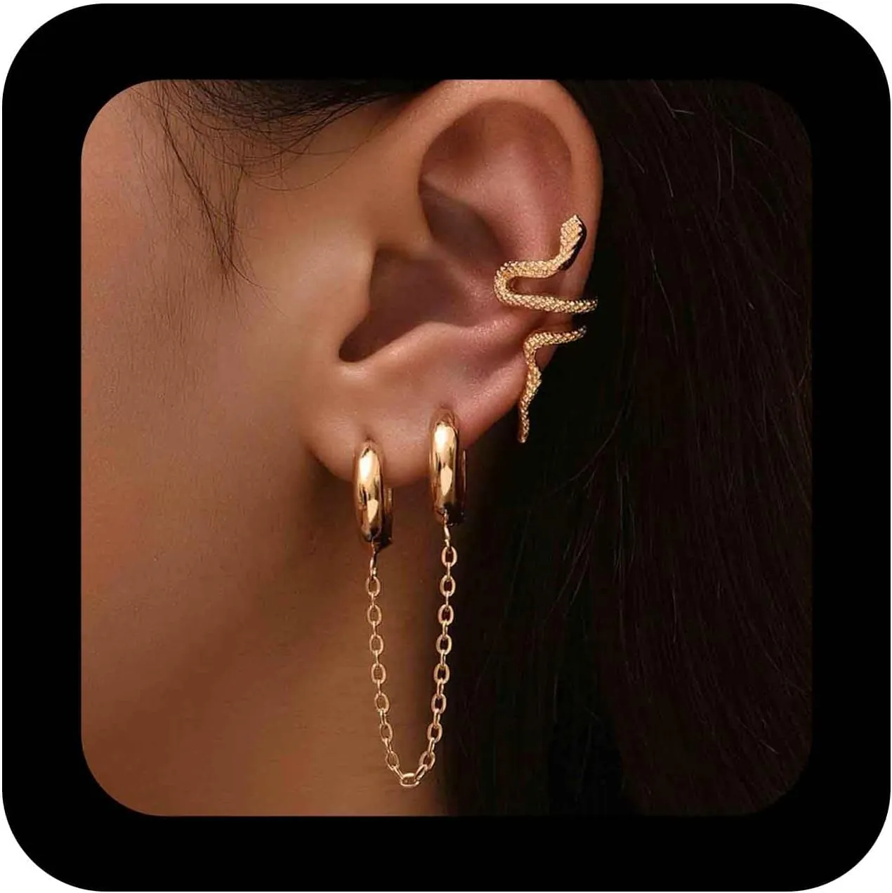 Punk Snake Ear Cuff Earrings Snake Wrap Earrings Gold Snake Ear Crawler Earrings Snake Climber Cartilage Earrings Tassel Chain Hoop Earrings Gold Hoop Chain Drop Earrings Set