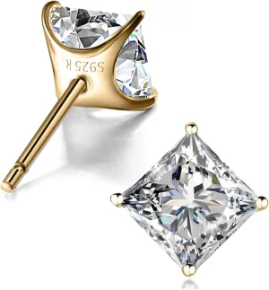 "STUNNING FLAME "18K Gold Plated Sterling Silver Princess Cut Cubic Zirconia Stud Earrings for men women