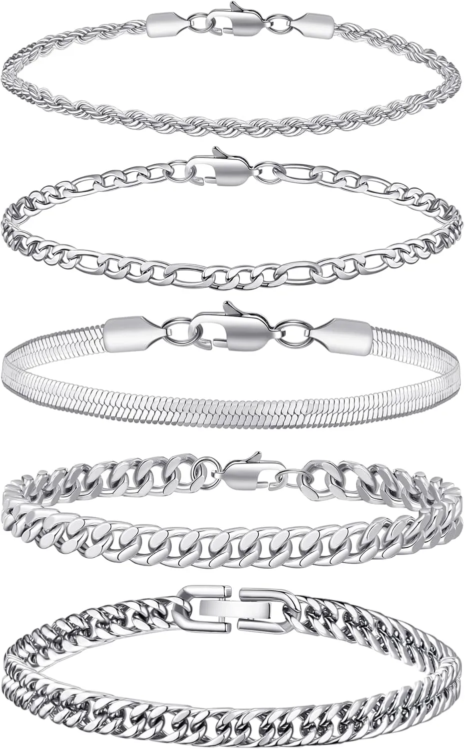 RANKEEF 5PC Chain Bracelet for Men - Stainless Steel Figaro Rope Cuban Link Set 7.5/8.3/9 Inches Mens Silver Bracelet- Gifts for Dad, Husband, Boyfriend