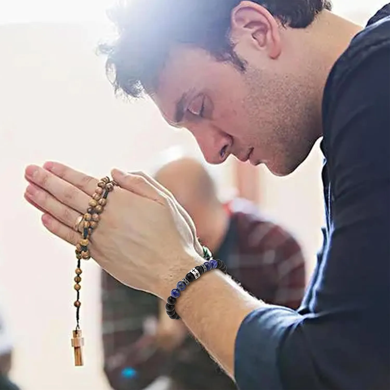 Religious Bracelet 8mm Black adjustable Beaded Cuff Charm Bracelets for son Husband Elegant Cross Bracelet