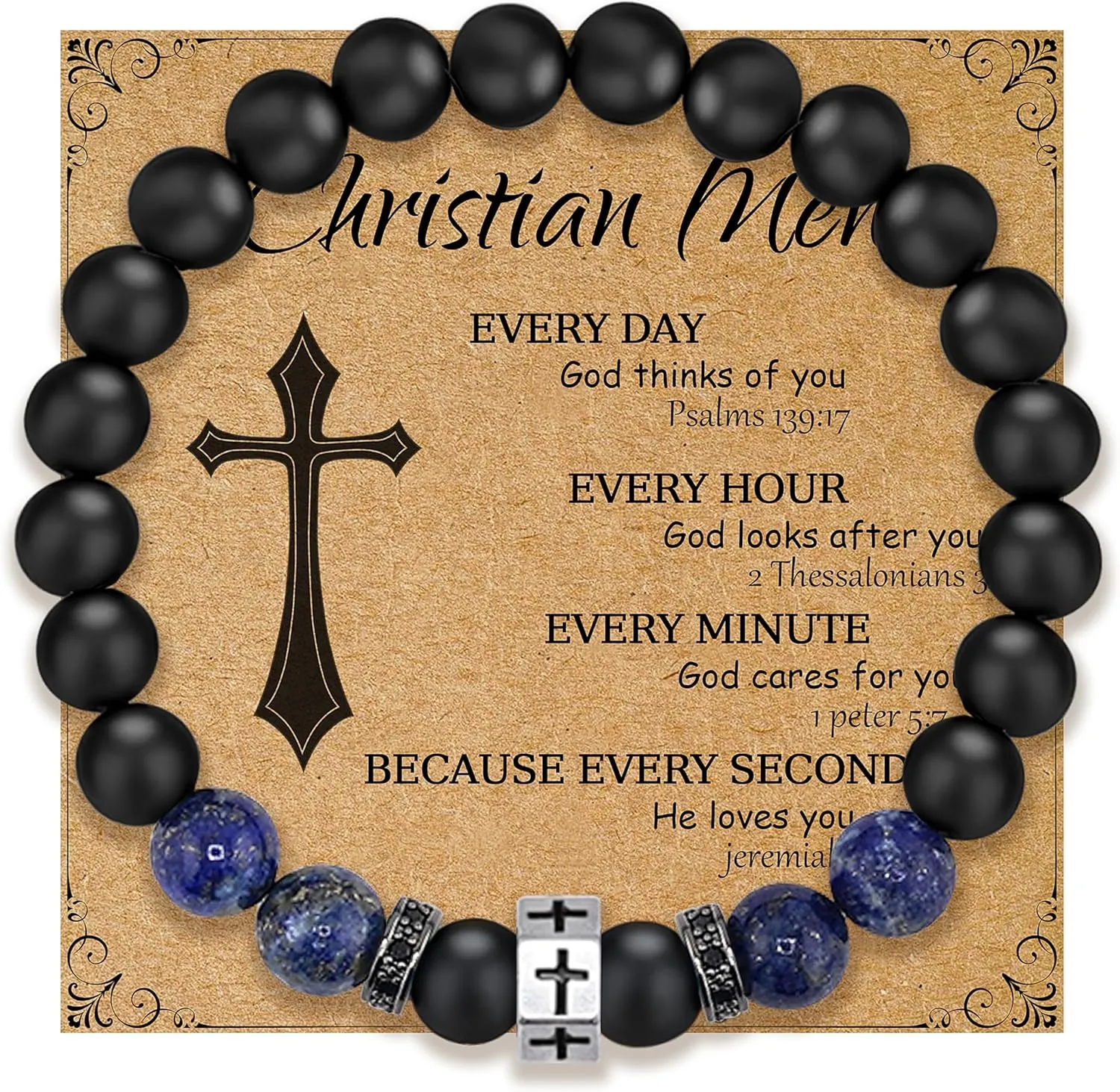 Religious Bracelet 8mm Black adjustable Beaded Cuff Charm Bracelets for son Husband Elegant Cross Bracelet