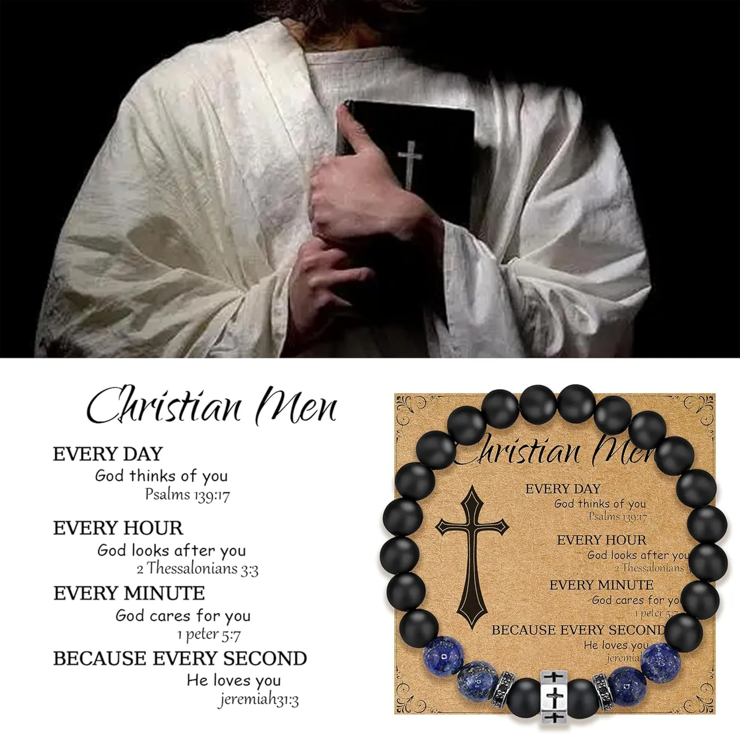 Religious Bracelet 8mm Black adjustable Beaded Cuff Charm Bracelets for son Husband Elegant Cross Bracelet