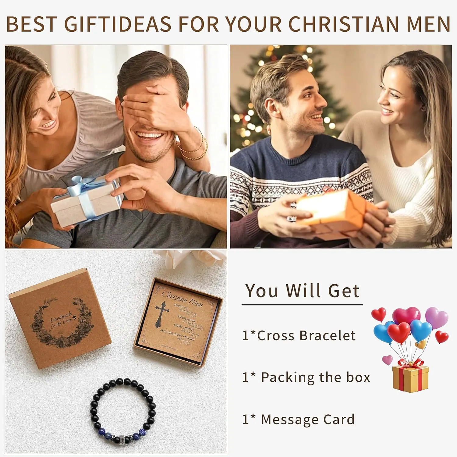 Religious Bracelet 8mm Black adjustable Beaded Cuff Charm Bracelets for son Husband Elegant Cross Bracelet