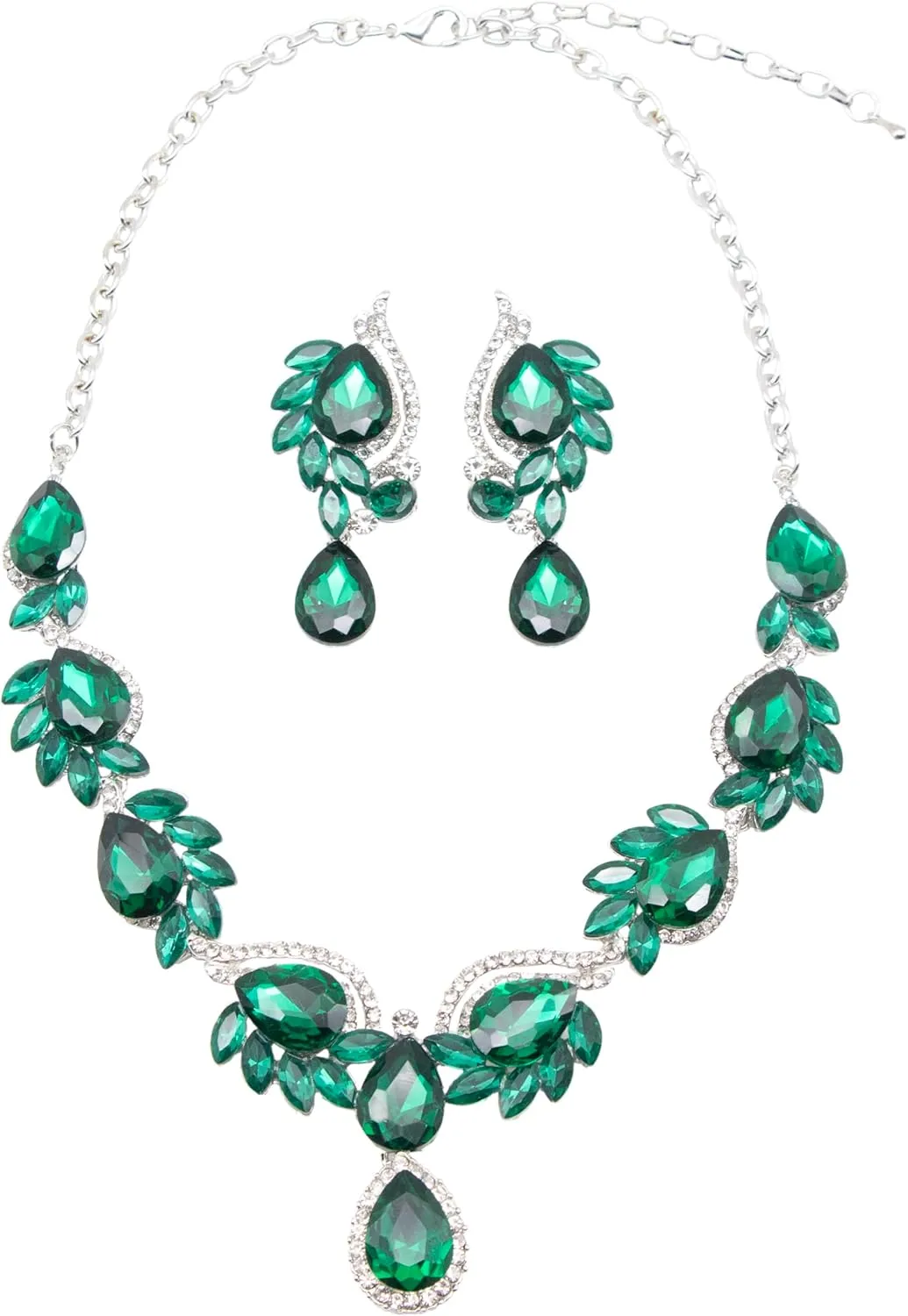 Rhinestone Bridal Bridesmaid Jewelry Sets, Floral Teardrop Statement Necklace, Crystal Wave Prom Wedding Necklace, Dangle Earrings