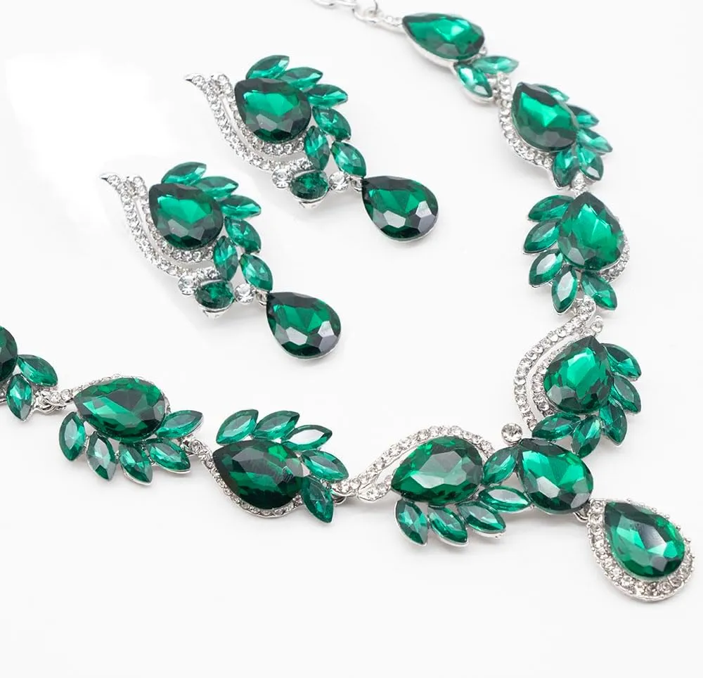 Rhinestone Bridal Bridesmaid Jewelry Sets, Floral Teardrop Statement Necklace, Crystal Wave Prom Wedding Necklace, Dangle Earrings