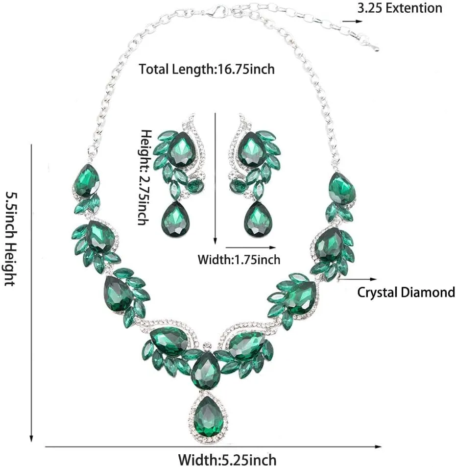 Rhinestone Bridal Bridesmaid Jewelry Sets, Floral Teardrop Statement Necklace, Crystal Wave Prom Wedding Necklace, Dangle Earrings