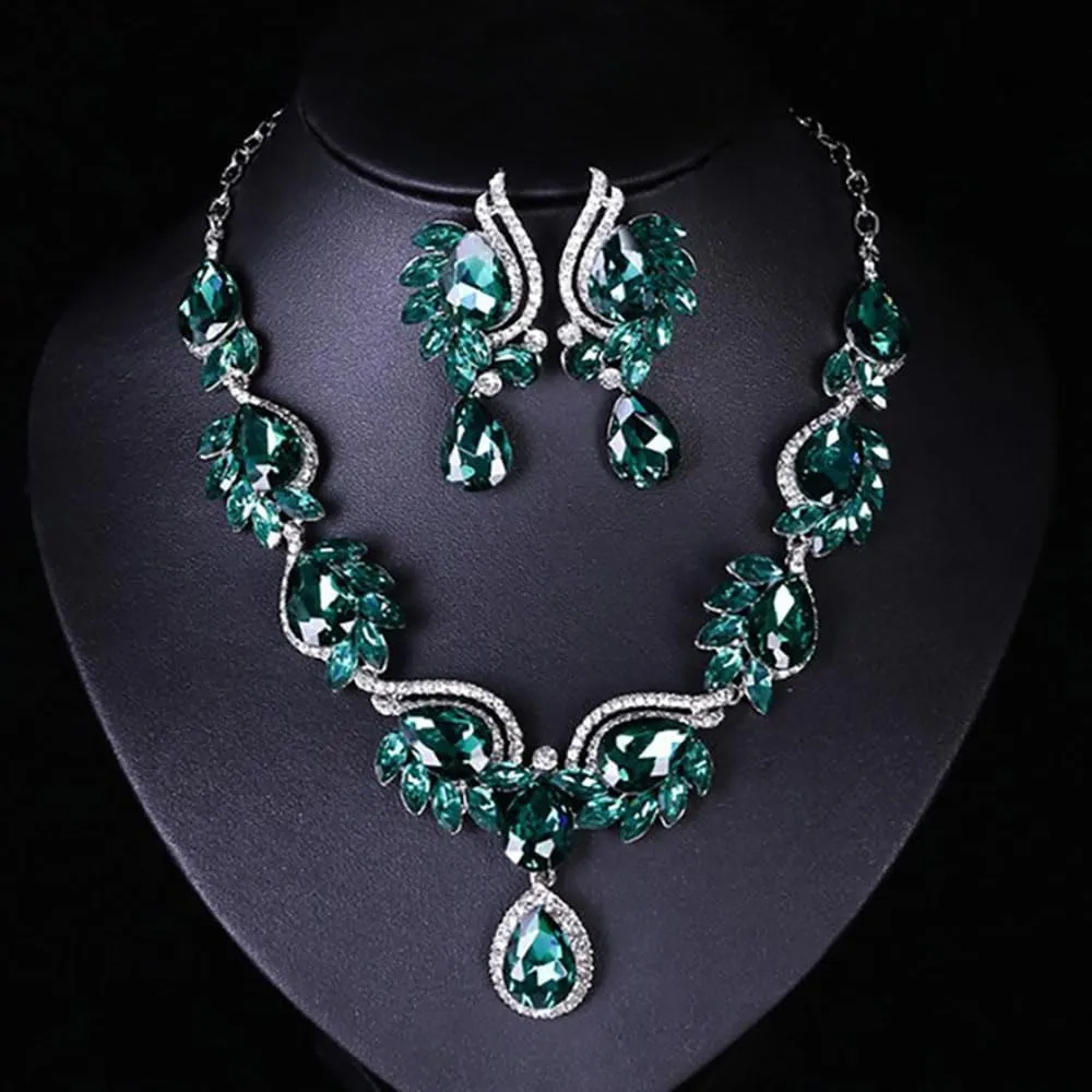 Rhinestone Bridal Bridesmaid Jewelry Sets, Floral Teardrop Statement Necklace, Crystal Wave Prom Wedding Necklace, Dangle Earrings