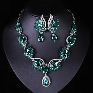Rhinestone Bridal Bridesmaid Jewelry Sets, Floral Teardrop Statement Necklace, Crystal Wave Prom Wedding Necklace, Dangle Earrings