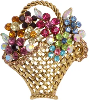 Rhinestone Flower Basket Brooch Pin for Women Girls Gold Plated Vintage Colorful Crystal Floral Brooches Lapel Pins Elegant Dress Accessories Jewelry Boutonniere Corsage for Hat Bag Gift Wedding Mother's Day