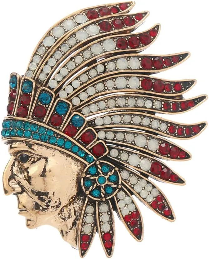 Rhinestone Indian Chief Head Brooch Pin for Women Men Gold Plated Fashion Creative Colorful Crystal Tribal Pendant Brooches Lapel Pins Delicate Hat Bag Suit Dress Accessories Holiday Festival Jewelry