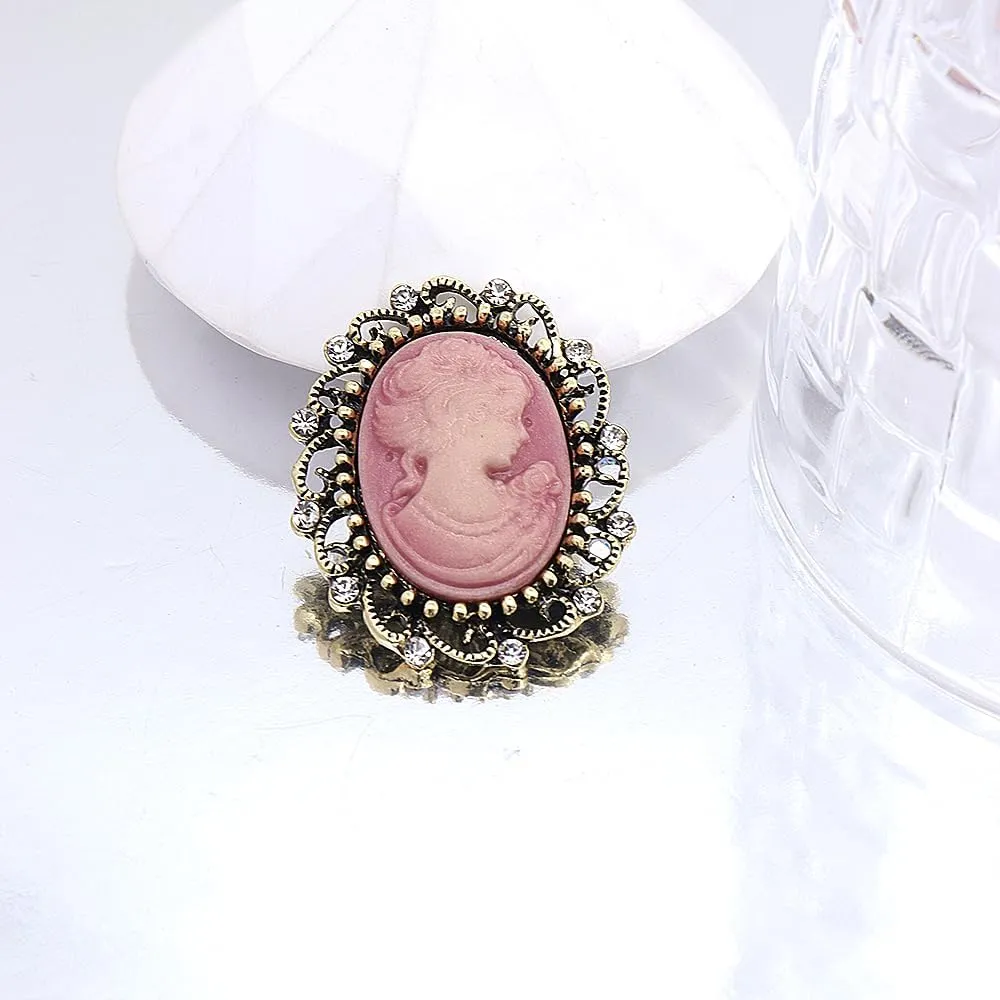 Rhinestone Lady Portrait Statement Brooch for Women Vintage Cubic Zirconia Beauty Cameo Lapel Pin Beautiful Crystal Figure Round Brooch Jewelry Gifts