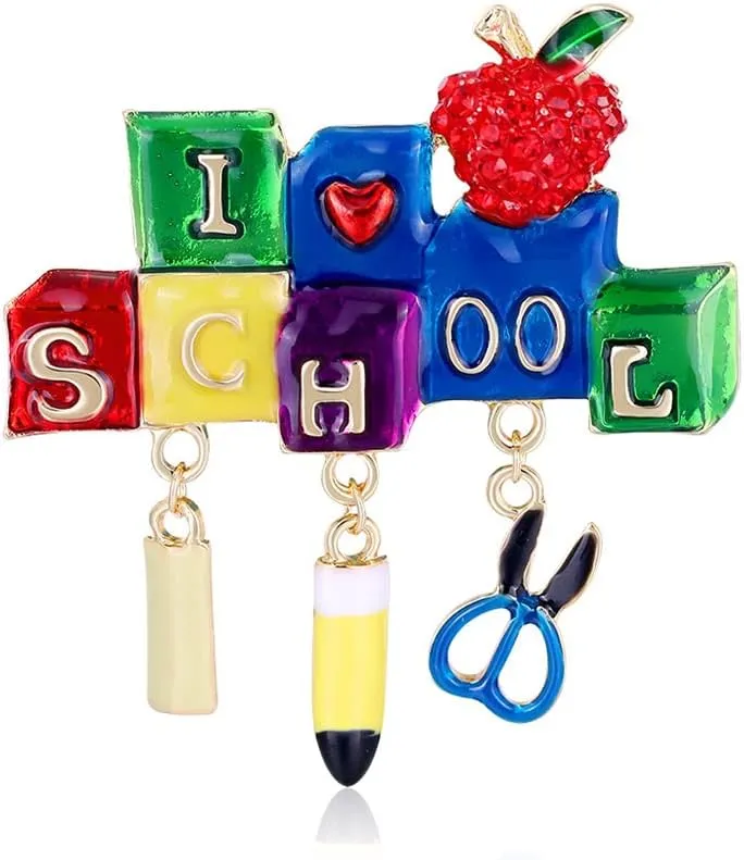 Rhinestone Love School Homecoming Brooch Pin for Women Girls Unisex Fashion Colorful Enamel Red Crystal Apple Pencil Class Room Brooches Lapel Pins Cute Dress Accessories Jewelry Gift for Teacher Student