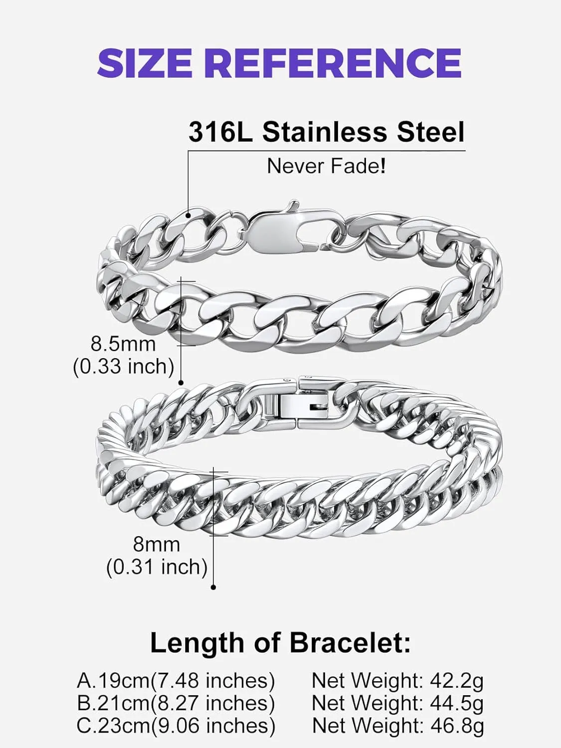 Richsteel 2PCS/3PCS Bracelets Chain for Men Women Stainless Steel Silver/Gold/Black Cuban/Rope Link Chain Bracelets Set, 7.4/8.2/9 Inch Hand Chain Length for Men Women Jewelry