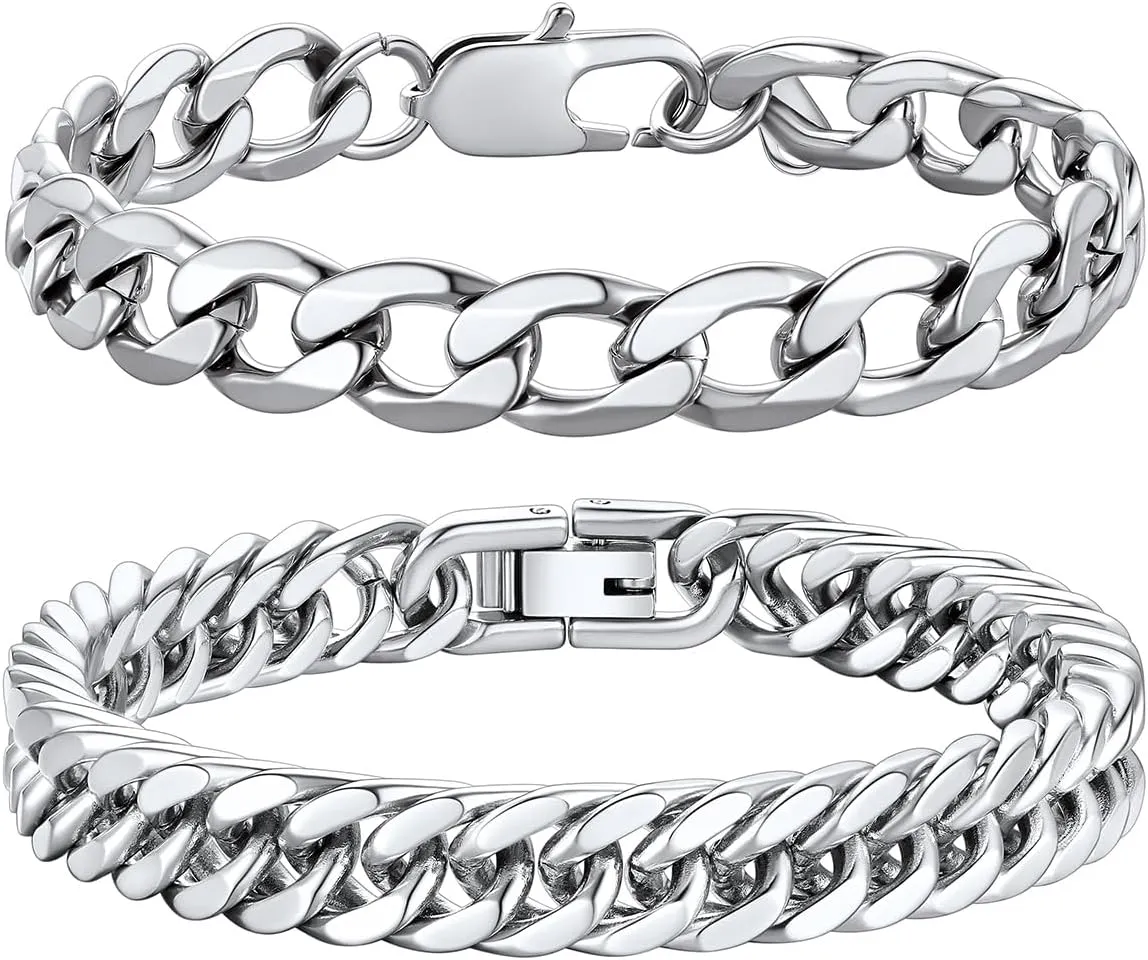 Richsteel 2PCS/3PCS Bracelets Chain for Men Women Stainless Steel Silver/Gold/Black Cuban/Rope Link Chain Bracelets Set, 7.4/8.2/9 Inch Hand Chain Length for Men Women Jewelry