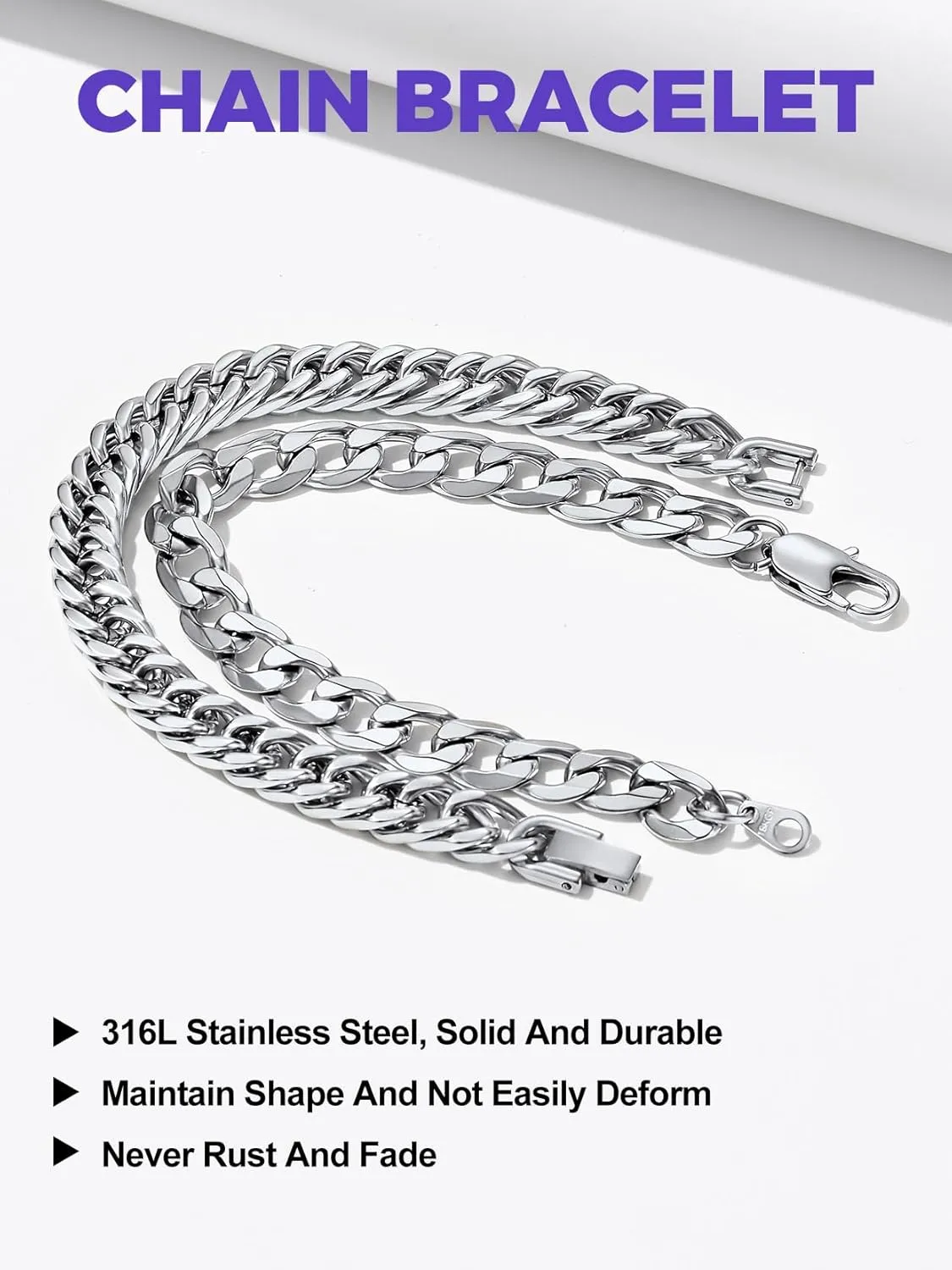 Richsteel 2PCS/3PCS Bracelets Chain for Men Women Stainless Steel Silver/Gold/Black Cuban/Rope Link Chain Bracelets Set, 7.4/8.2/9 Inch Hand Chain Length for Men Women Jewelry