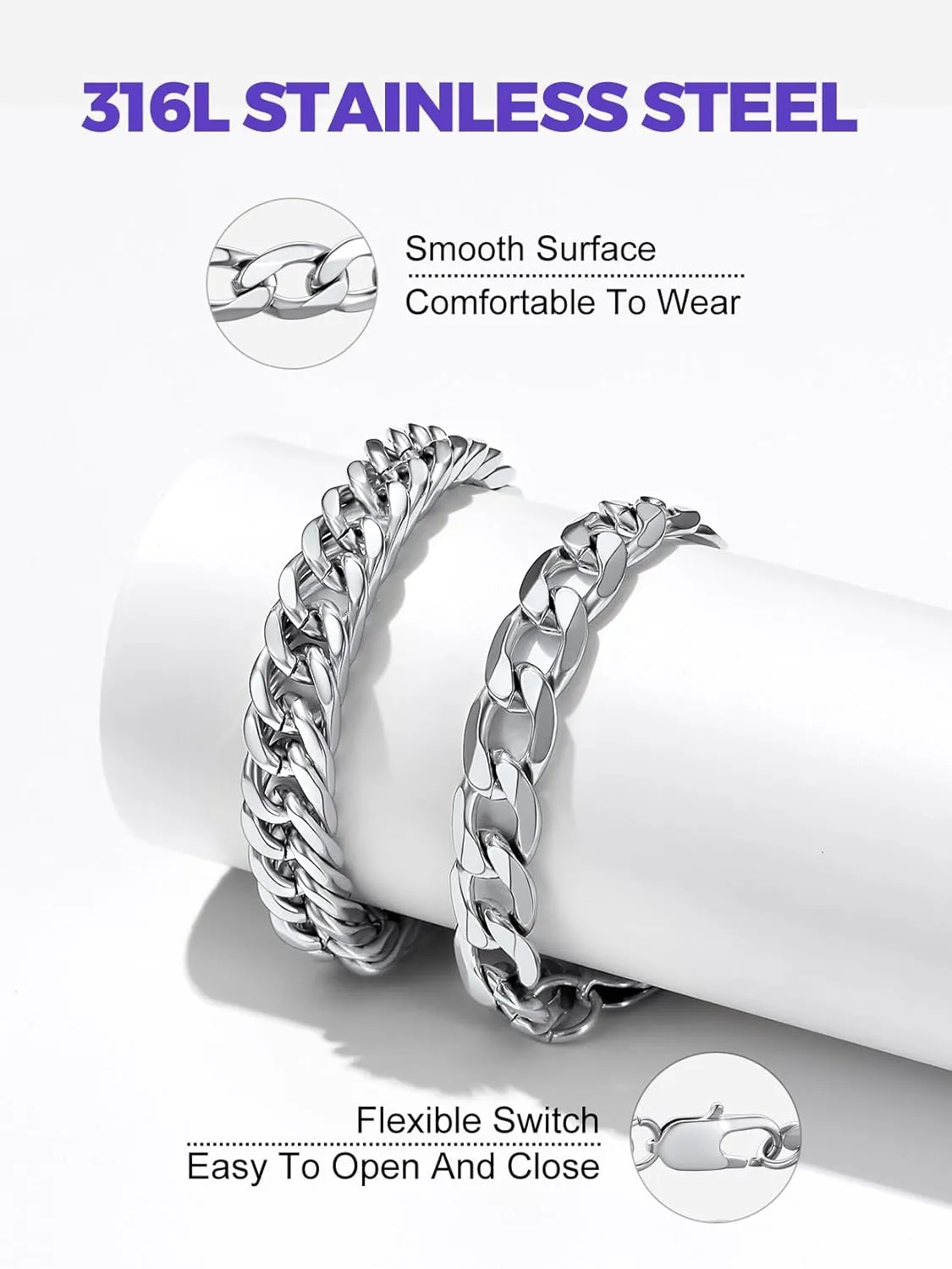 Richsteel 2PCS/3PCS Bracelets Chain for Men Women Stainless Steel Silver/Gold/Black Cuban/Rope Link Chain Bracelets Set, 7.4/8.2/9 Inch Hand Chain Length for Men Women Jewelry