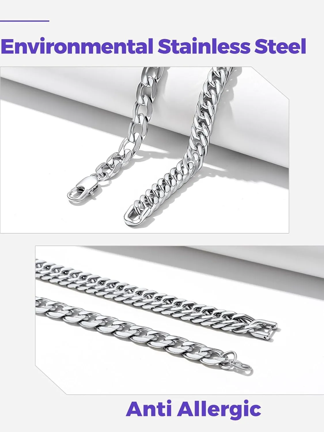 Richsteel 2PCS/3PCS Bracelets Chain for Men Women Stainless Steel Silver/Gold/Black Cuban/Rope Link Chain Bracelets Set, 7.4/8.2/9 Inch Hand Chain Length for Men Women Jewelry