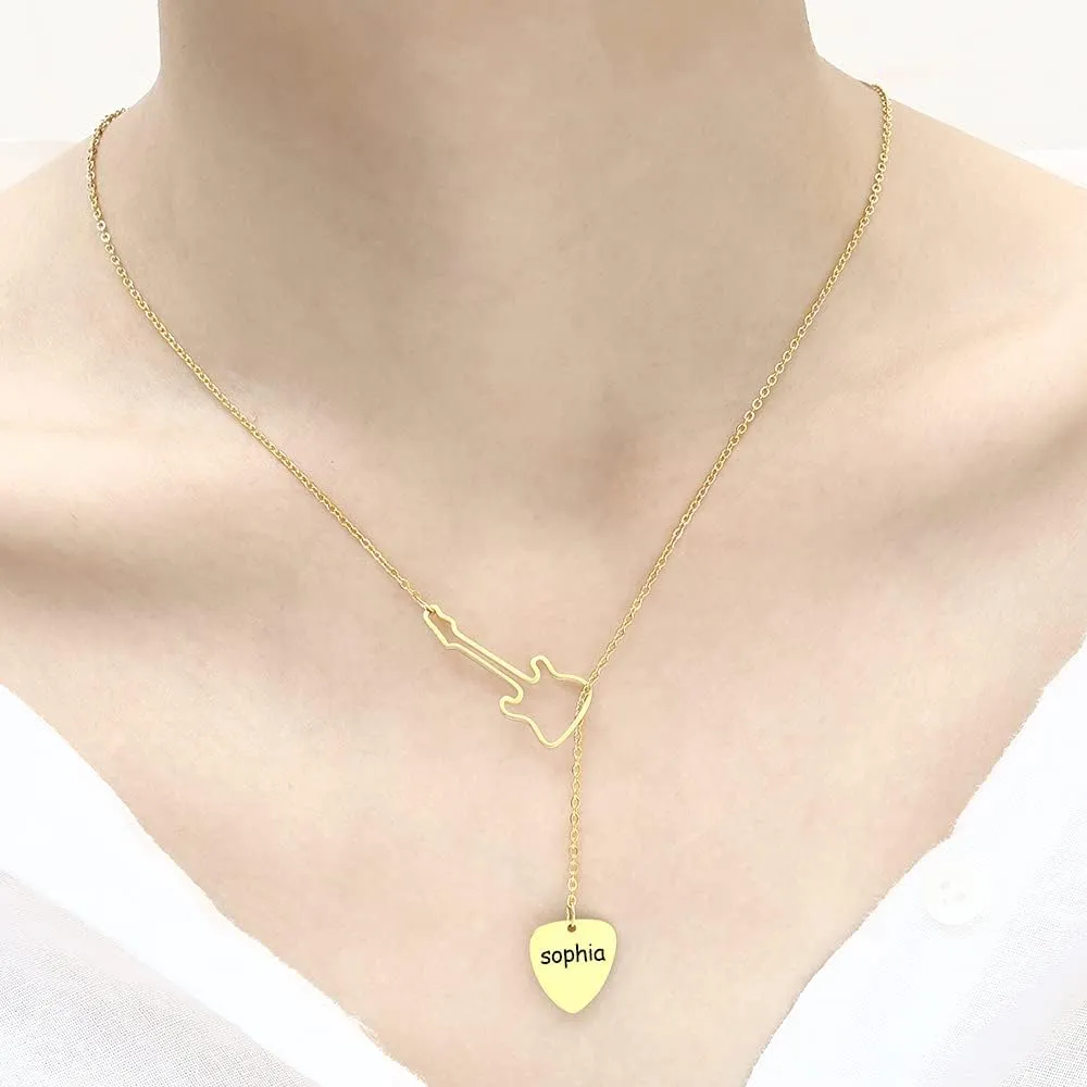 RMREWY Guitar Necklace Personalized Name Y Lariat Necklace 925 Sterling Silver Guitar Music Pick Pendant Personalized Jewelry Gift for Guitarist Music Lover