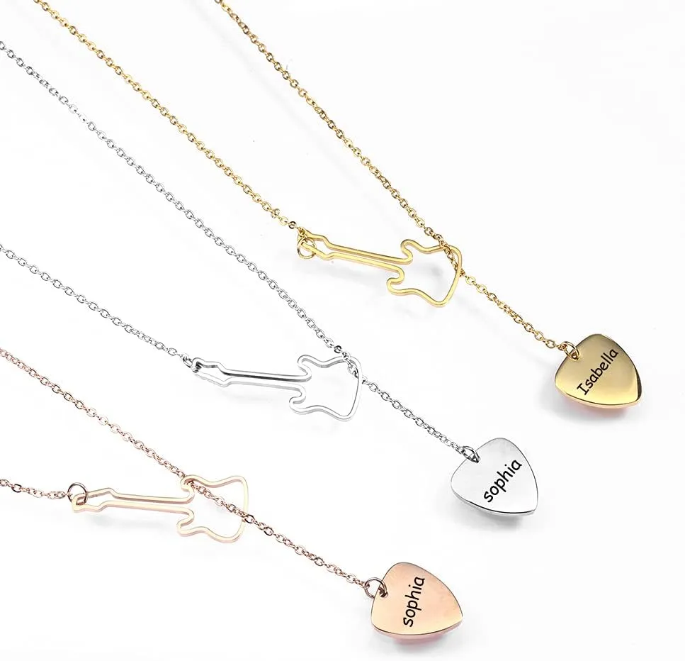 RMREWY Guitar Necklace Personalized Name Y Lariat Necklace 925 Sterling Silver Guitar Music Pick Pendant Personalized Jewelry Gift for Guitarist Music Lover