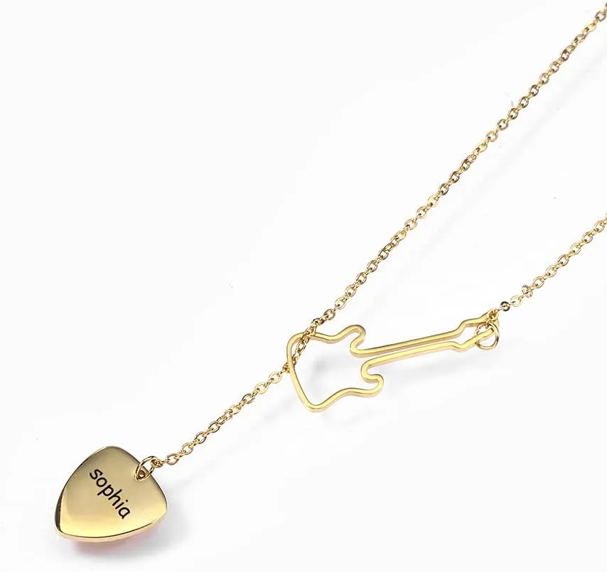 RMREWY Guitar Necklace Personalized Name Y Lariat Necklace 925 Sterling Silver Guitar Music Pick Pendant Personalized Jewelry Gift for Guitarist Music Lover