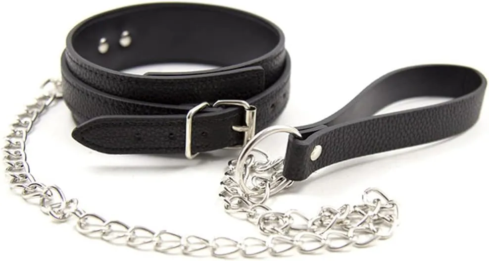 Rock Your Style with Leather Necklace Collars and Chain Leash - Perfect for Cosplay and Stage, adjustable, Black