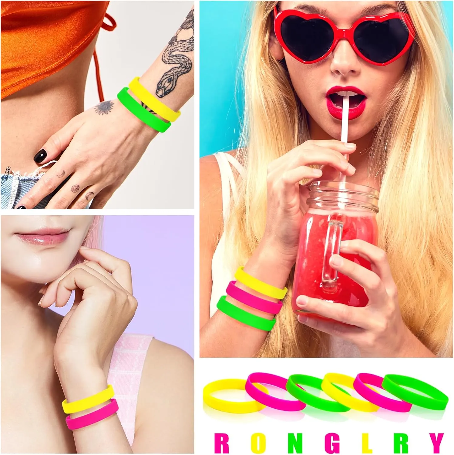 Ronglry 30pcs Neon Bracelets 80s Silicone Friendship Bracelet Bulk Colorful Silicone Wristbands Stretch Neon Bracelets for Glow Party Halloween Costume Accessories 80s Jewelry for Women Men
